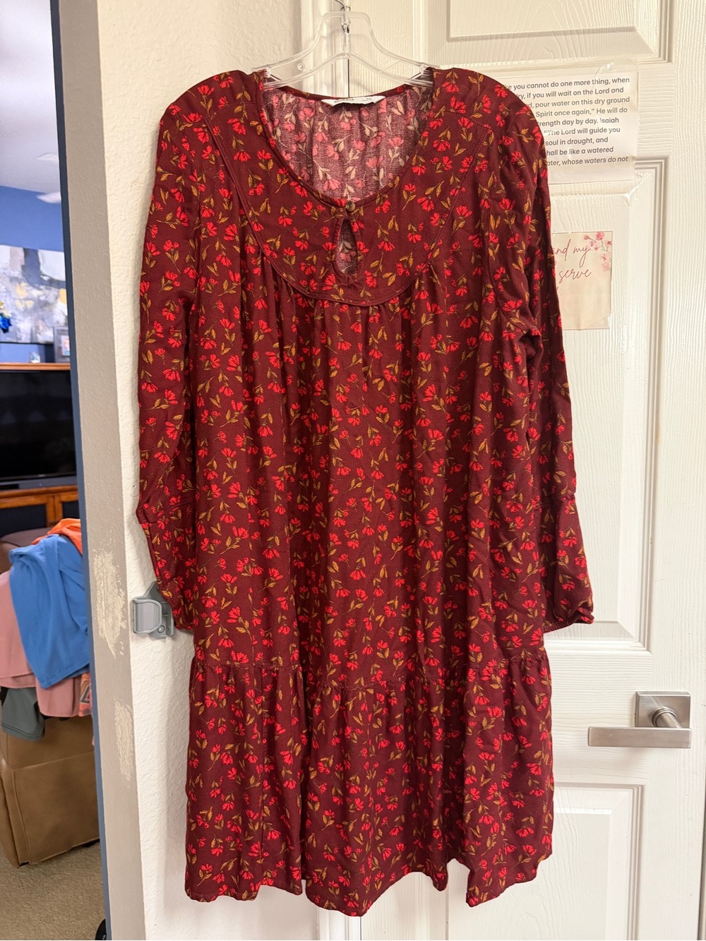 Sonoma Burgundy Floral Long-Sleeve Tiered Dress